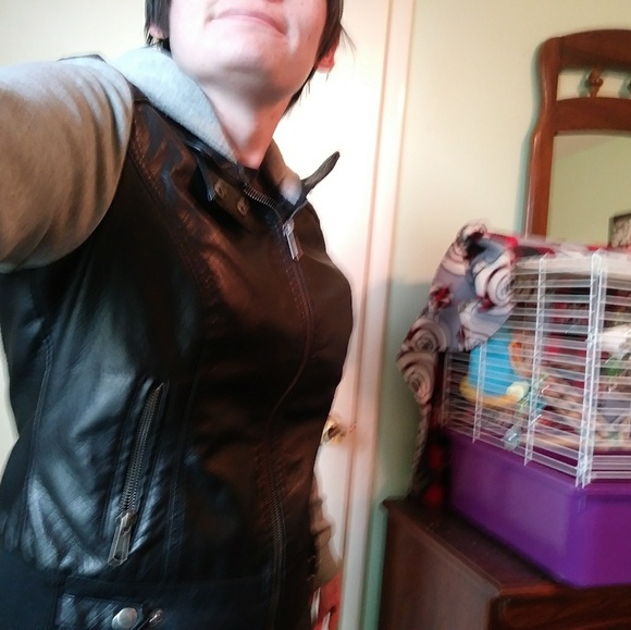 A faux leather jacket; cloth sleves and hood - Picture 4 of 4